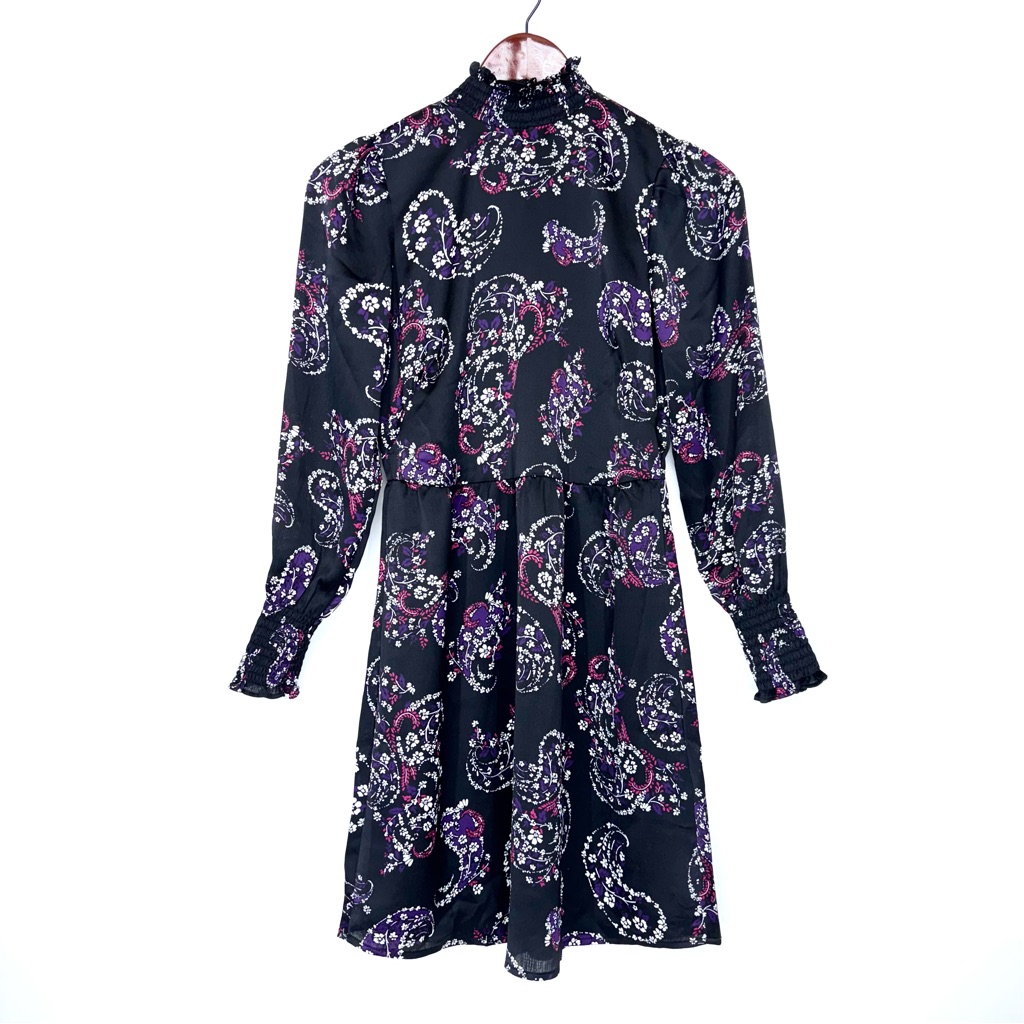Loft Smocked Ruffle Long Sleeve Dark Floral Semi Formal Turtleneck Dress Sz 00p